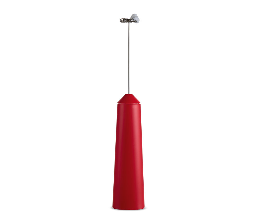 Un mousseur à lait à batterie rechargeable rouge.
