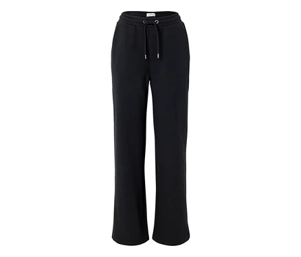 Pantalon de jogging noir à jambes larges avec taille élastique et cordon de serrage à embouts argentés, sur fond blanc.