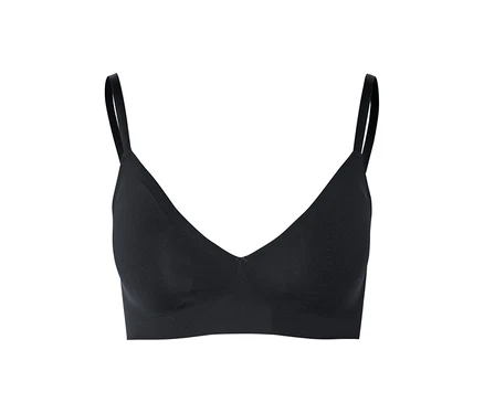 Soutien-gorge noir avec de fines bretelles et un décolleté en V sur un fond neutre.