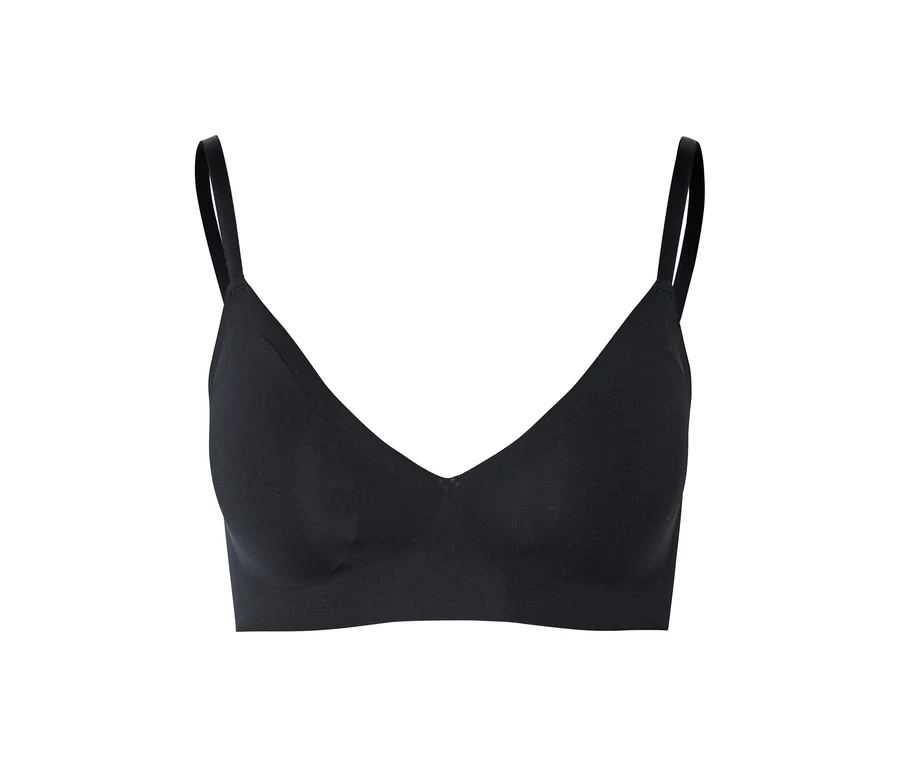Soutien-gorge noir avec de fines bretelles et un décolleté en V sur un fond neutre.