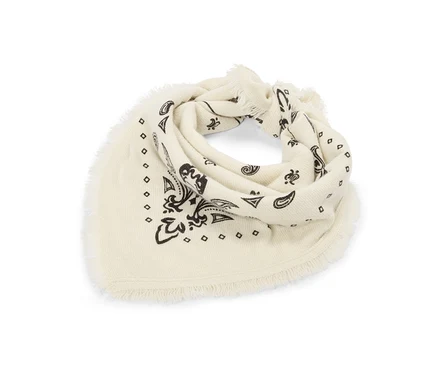 Bandana tricoté crème en laine et cachemire, avec motif cachemire noir et bords frangés.
