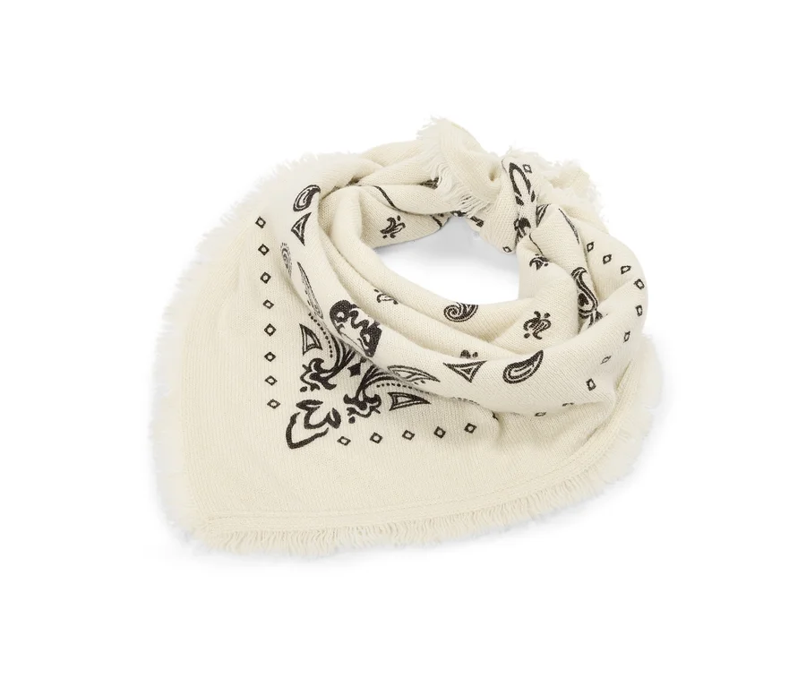 Bandana tricoté crème en laine et cachemire, avec motif cachemire noir et bords frangés.