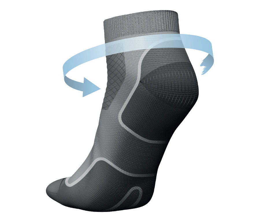 Gros plan d'une chaussette de course grise avec bande de compression et flèche bleue indiquant la rotation. 2 paires de socquettes de contention pour la course. 2 paires de chaussettes de course à pied.