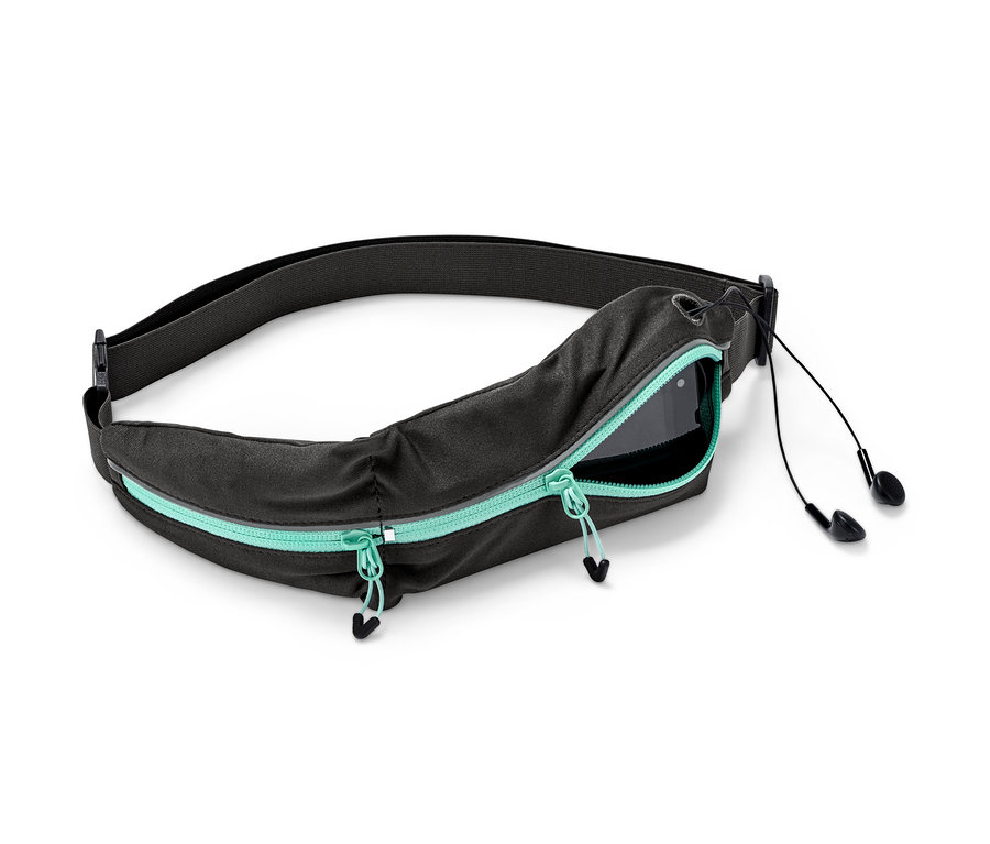 Ceinture de sport noire avec fermeture éclair turquoise et écouteurs.