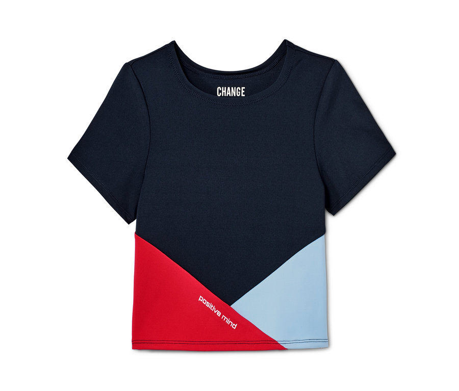T-shirt fonctionnel court bleu marine pour filles avec l'inscription "CHANGE" et "positive mind".