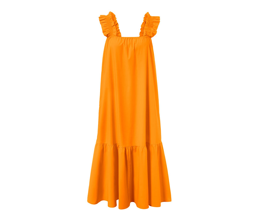 Robe en popeline orange avec bretelles à volants.