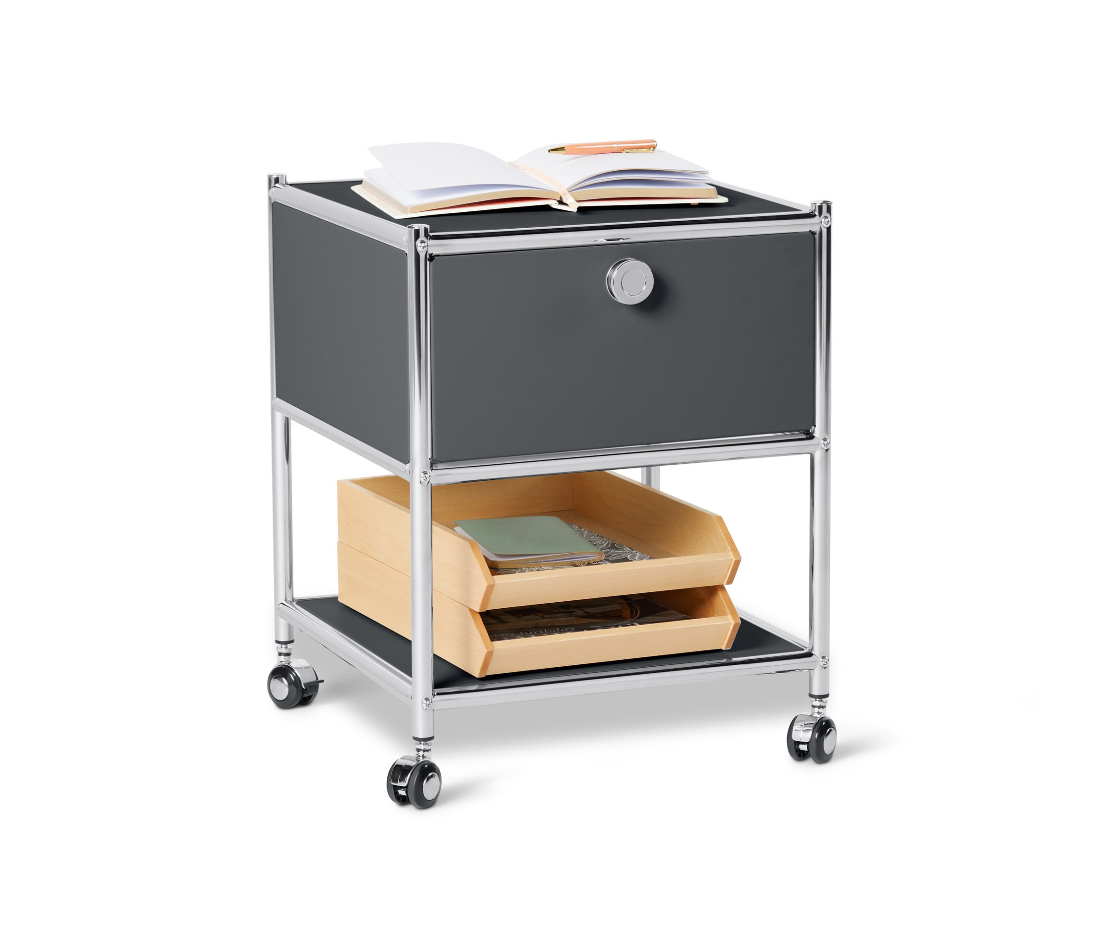 Table d'appoint grise en métal avec tiroir « CN3 ». Un carnet ouvert et un stylo sont posés sur le dessus.