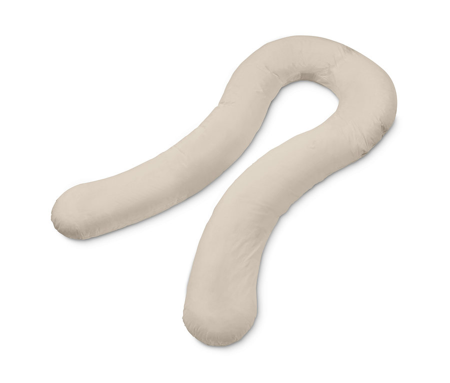 Un coussin multifonction XXL beige en forme de U sur un fond blanc.