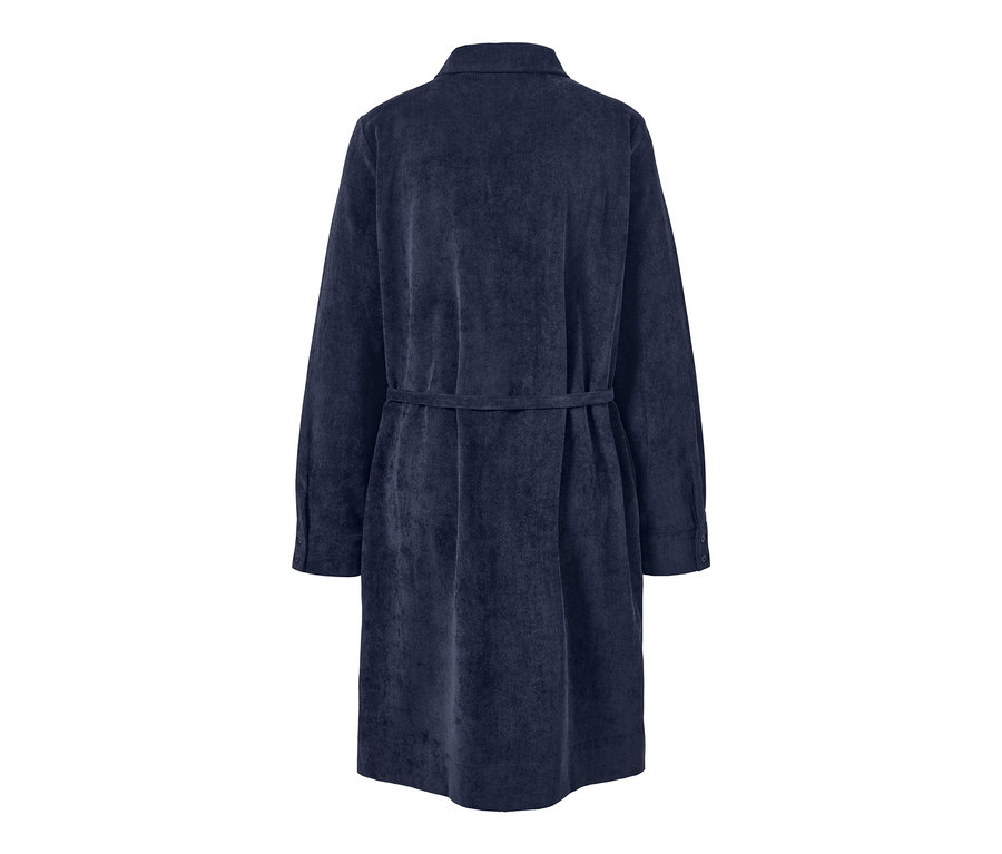 Vue arrière d'une robe en velours côtelé bleue avec une ceinture.