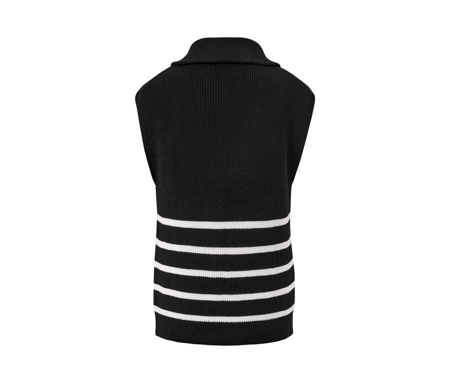 Vue arrière d'un sous-pull à col camionneur noir rayé horizontalement de blanc.