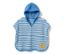 Poncho en tissu éponge pour enfant bleu et blanc rayé avec capuche et patch poisson jaune.