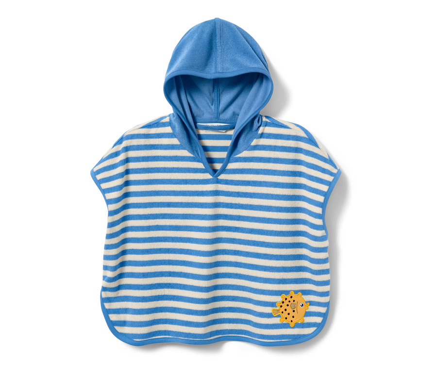 Poncho en tissu éponge pour enfant bleu et blanc rayé avec capuche et patch poisson jaune.