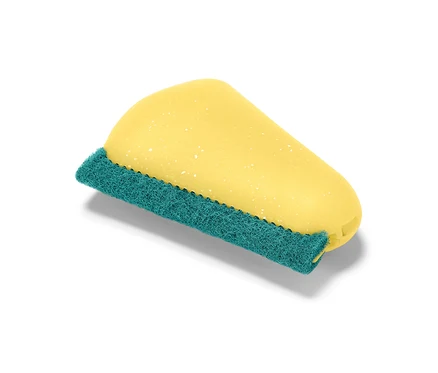 Raclette pour angles et joints jaune avec surface verte rugueuse.