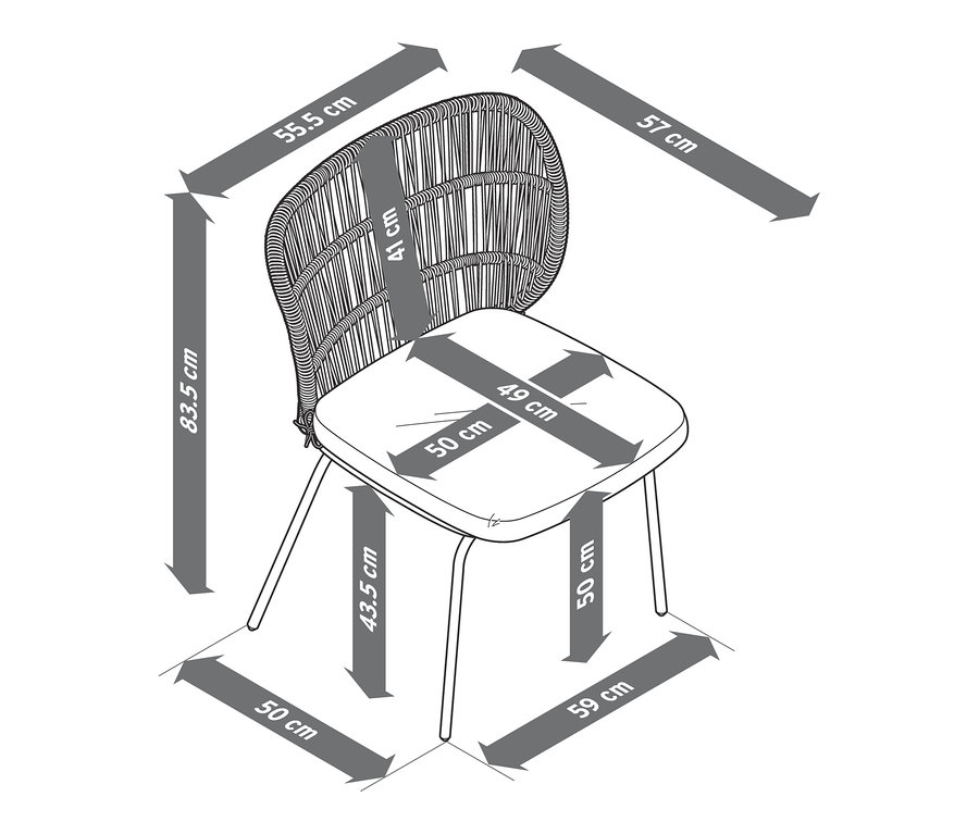 Dimensions d'une chaise avec tressage textile.