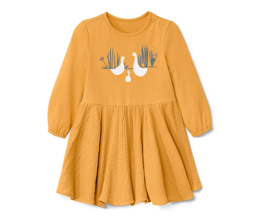 Robe tissée jaune pour bébé avec imprimé d'oies.