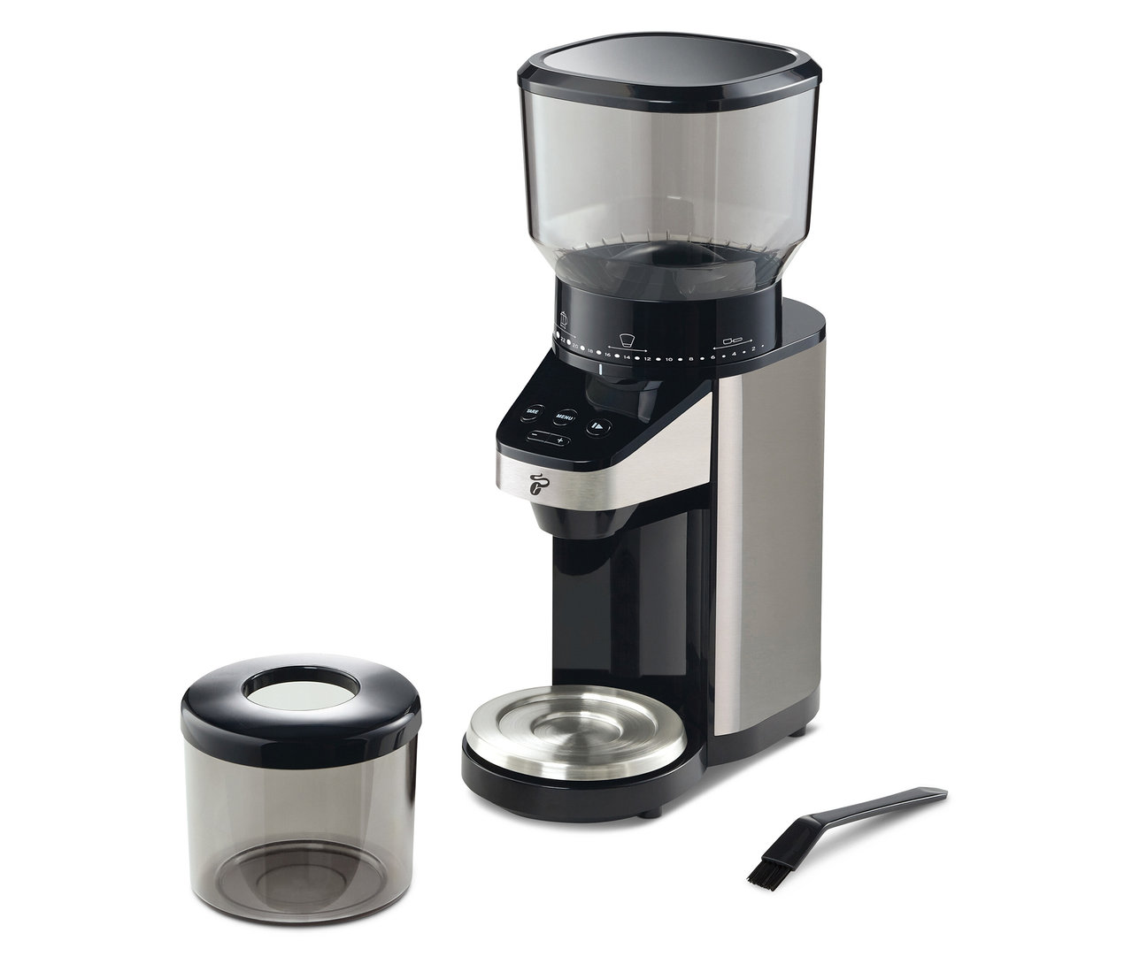 Moulin à café électrique avec balance, avec récipient pour le café moulu et brosse de nettoyage.