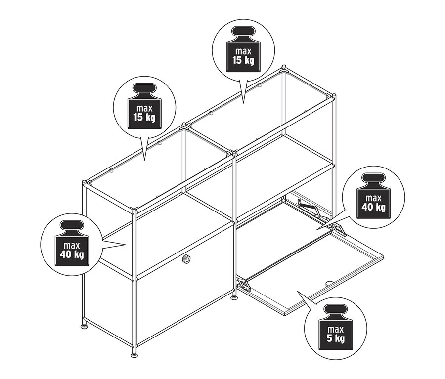 Schéma du buffet en métal « CN3 » à 2 abattants et étagères en verre, taupe.
