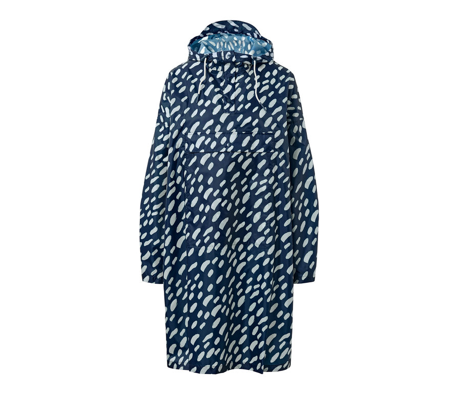 Un poncho de pluie bleu marine à motif blanc avec des manches.