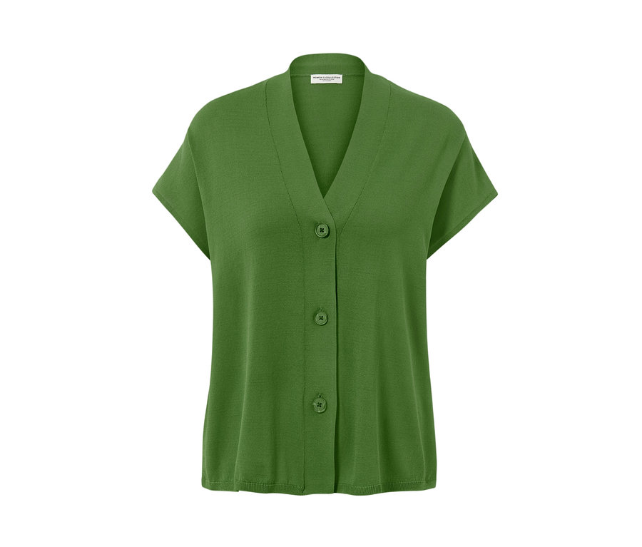 Cardigan vert à manches courtes avec trois boutons.