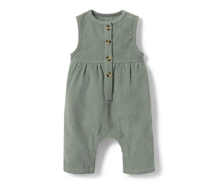 Salopette en velours pour bébé verte avec boutons.
