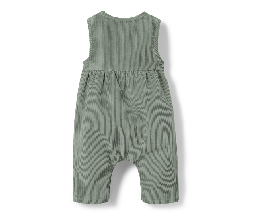 Vue arrière d'une salopette en velours pour bébé de couleur vert-gris.