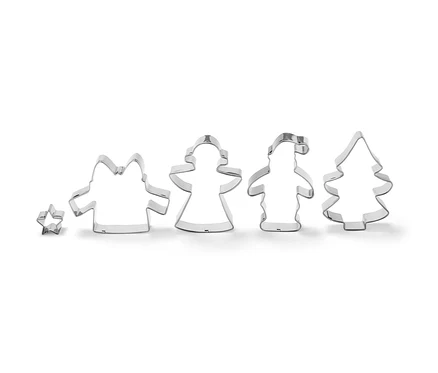 Cinq emporte-pièces en forme d'étoile, d'ange, de renne, de Père Noël et de sapin de Noël.
