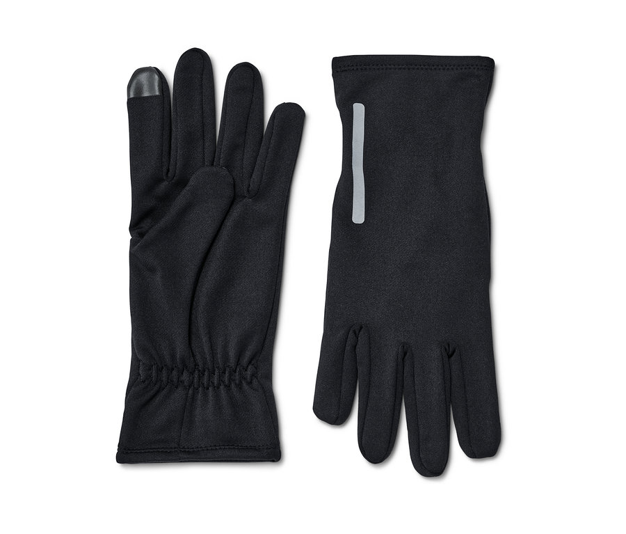 Deux gants de course noirs, l'un avec un coussinet d'écran tactile sur l'index et une bande réfléchissante.