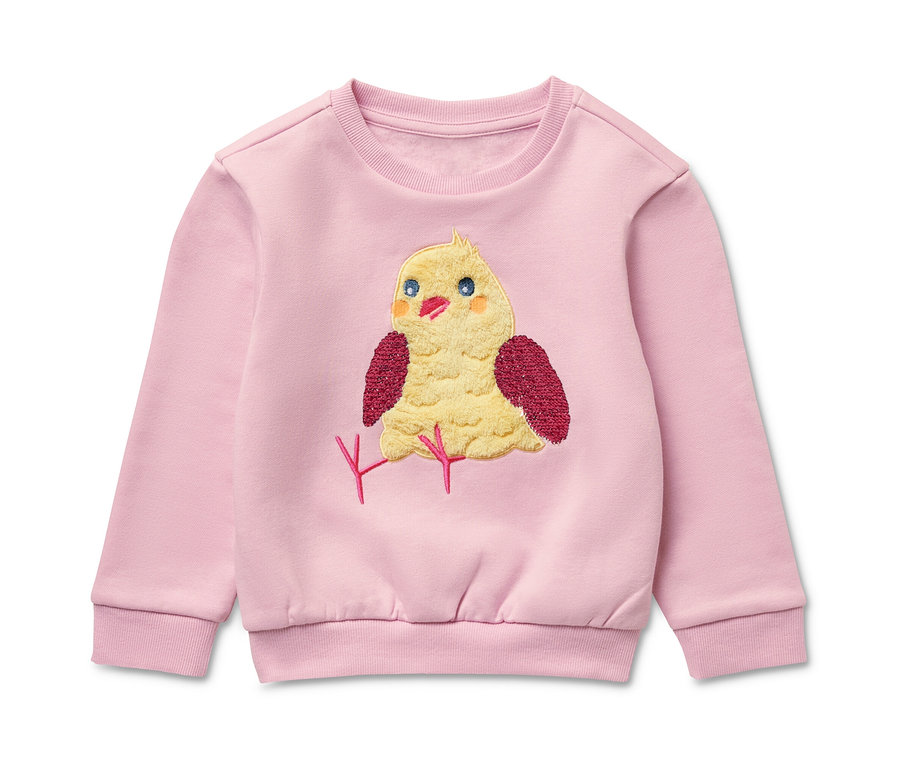 Sweat-shirt rose pour enfant avec intérieur gratté et patch poussin.
