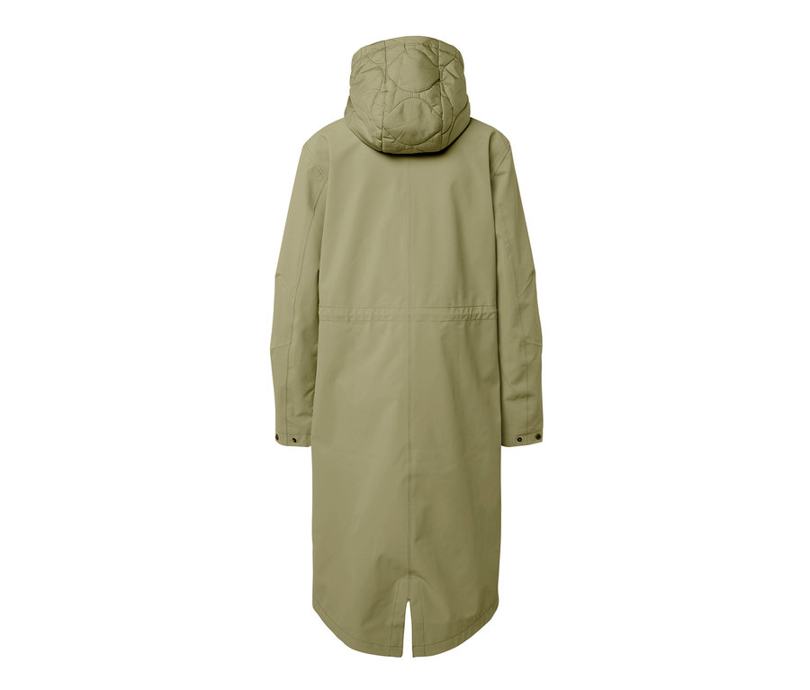 Manteau de pluie kaki avec capuche vu de dos.
