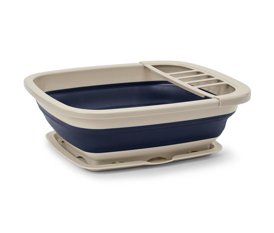 Égouttoir pliable beige et bleu.