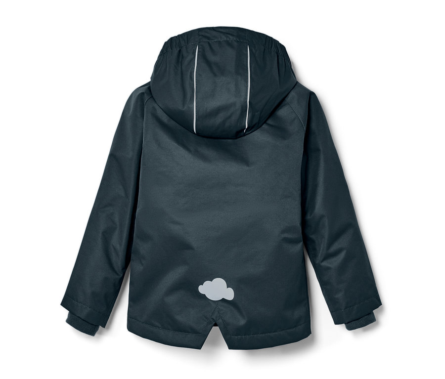 Vue détaillée de l'arrière d'une veste de pluie thermique pour tout petit, bleu ardoise, avec capuche et bandes réfléchissantes.