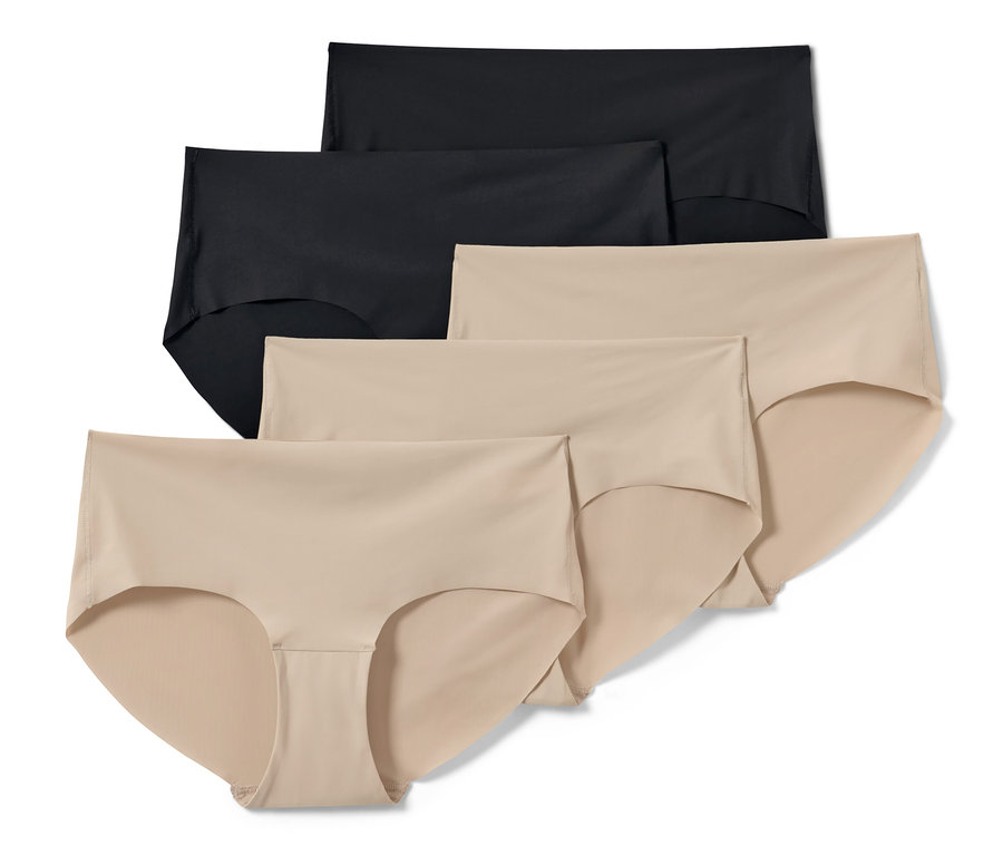 Cinq culottes Magic Cut en noir et beige.