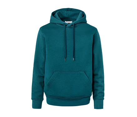 Sweatshirt à capuche bleu pétrole.