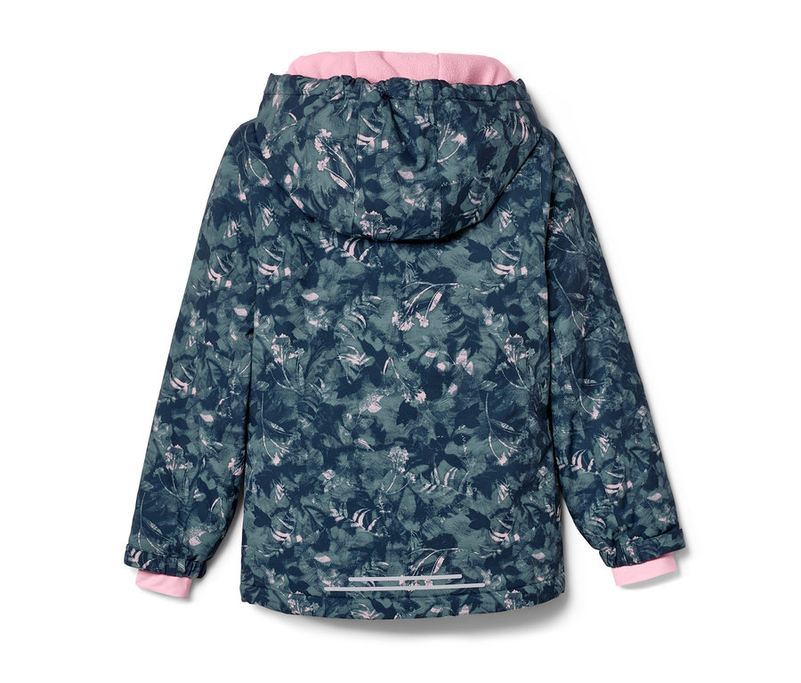 Vue détaillée d'une veste de ski pour enfant avec capuche et motif de feuilles.