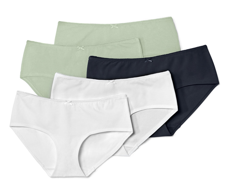 Cinq culottes en vert, blanc et bleu marine.