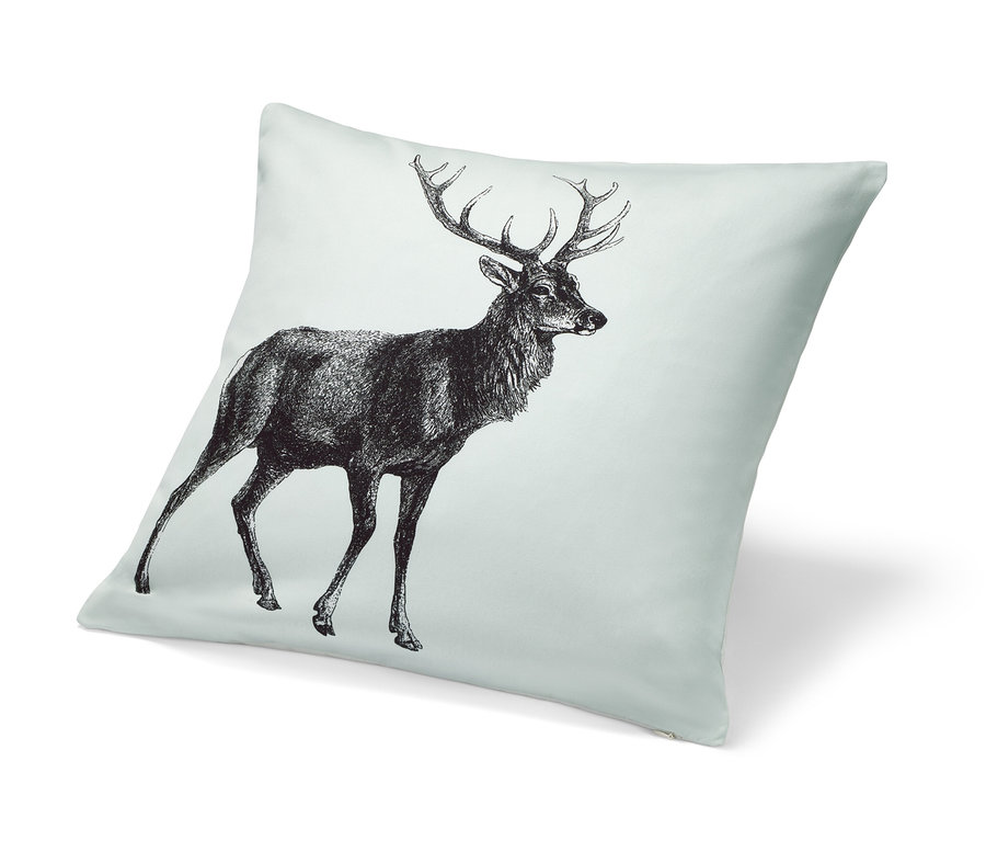 Housse de coussin décoratif bleu clair avec un dessin noir de cerf.