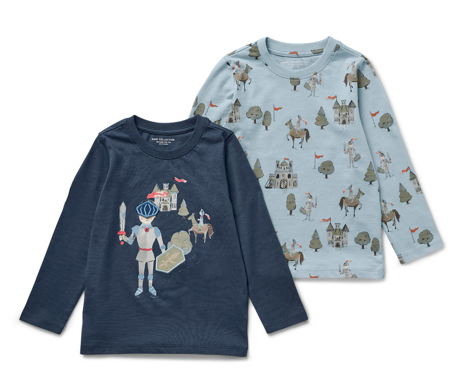 Deux t-shirts à manches longues pour enfants, chevalier, côte à côte.