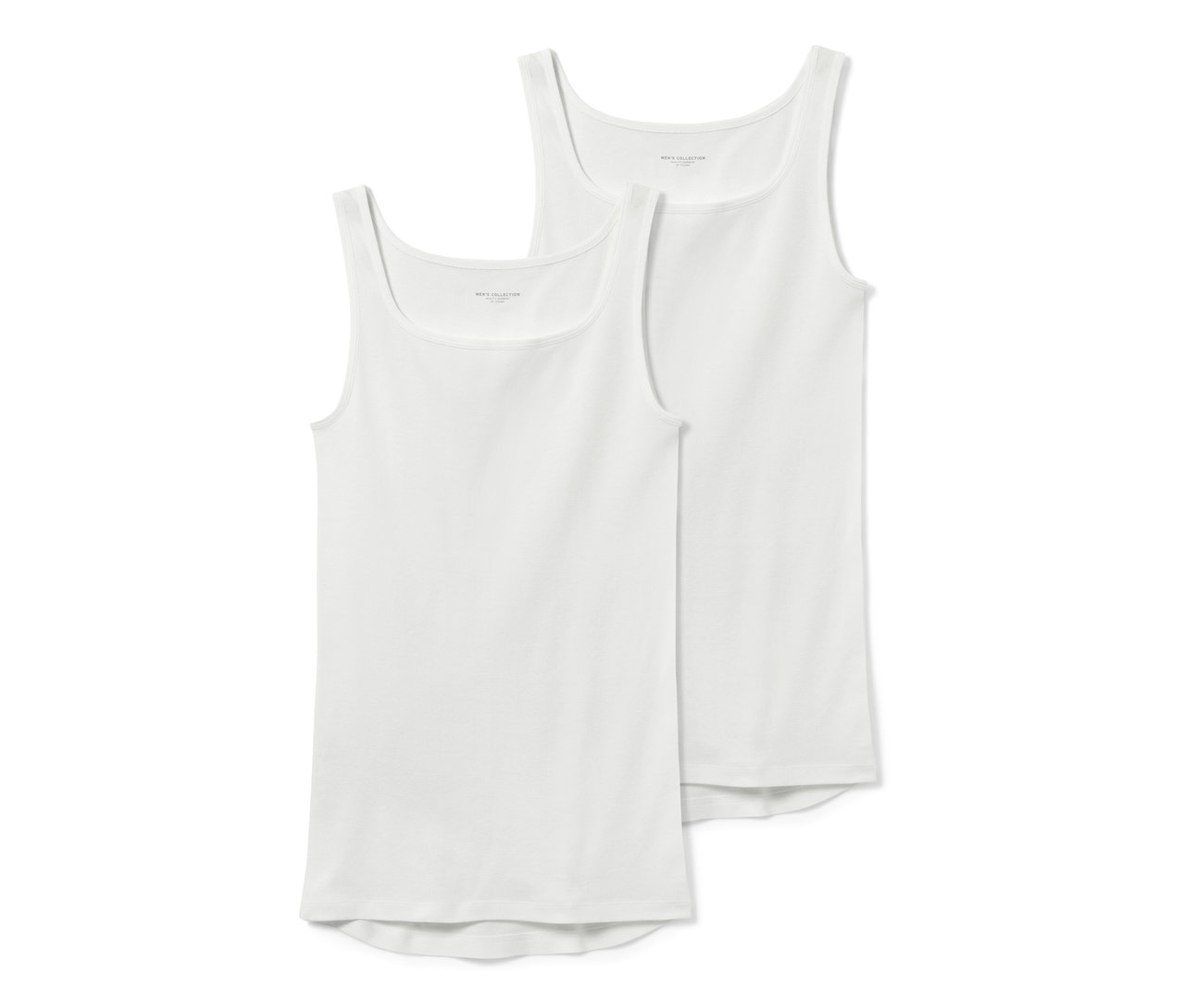 Deux maillots de corps blancs finement côtelés sont présentés l'un sur l'autre.