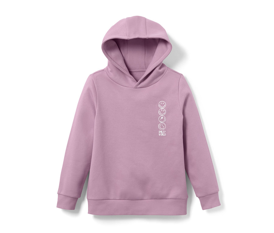 Un sweat à capuche violet pour enfant « Smiley » avec un imprimé blanc.