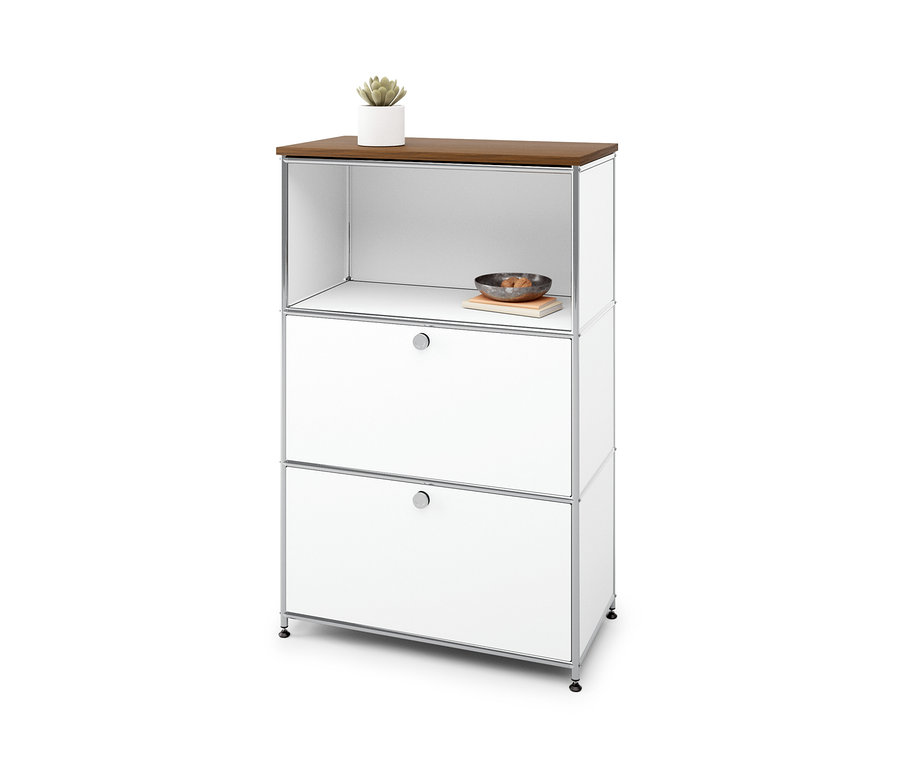 Système de rangement blanc à trois niveaux avec plateau supérieur « CN3 » plaqué en bois véritable, aspect noyer, largeur 77 cm.