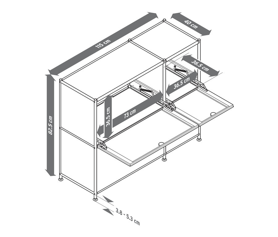Schéma d'un buffet en métal « CN3 » à 4 abattants avec les dimensions.