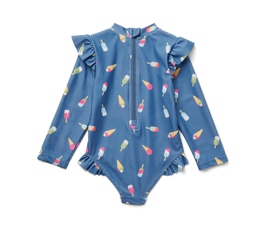 Maillot de bain bleu pour enfant à manches longues avec imprimé de glaces et indice de protection UV 80.