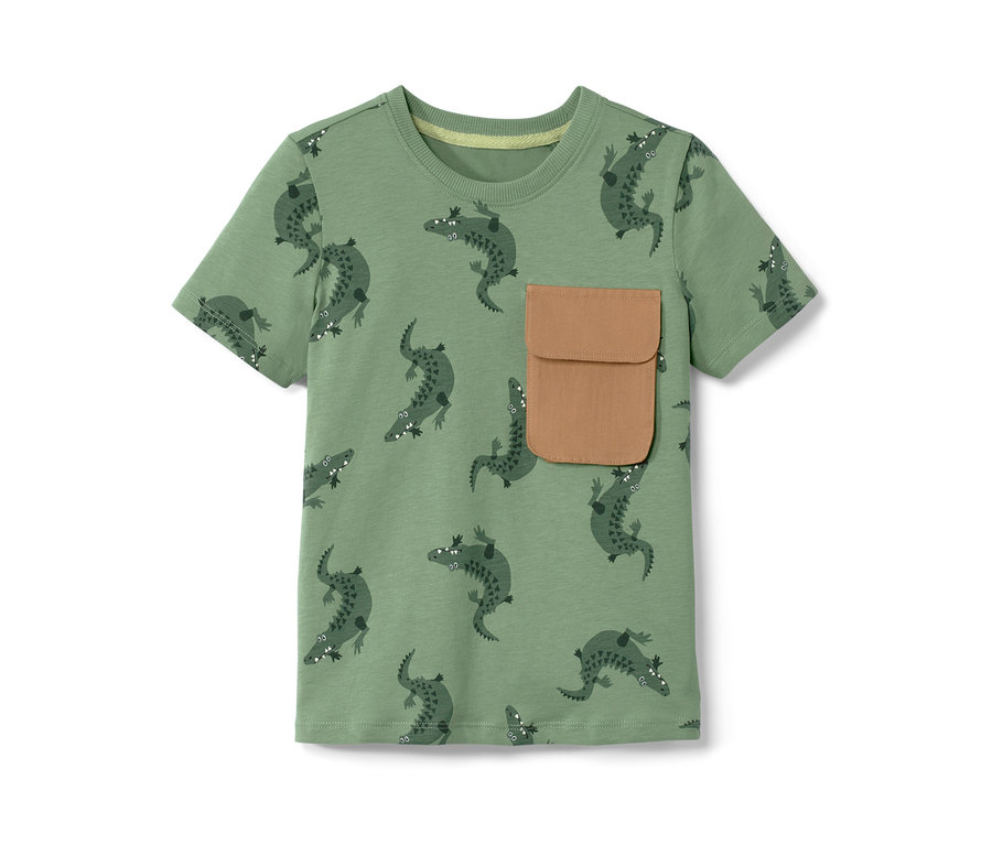T-shirt pour enfant vert avec motif crocodile et poche marron.