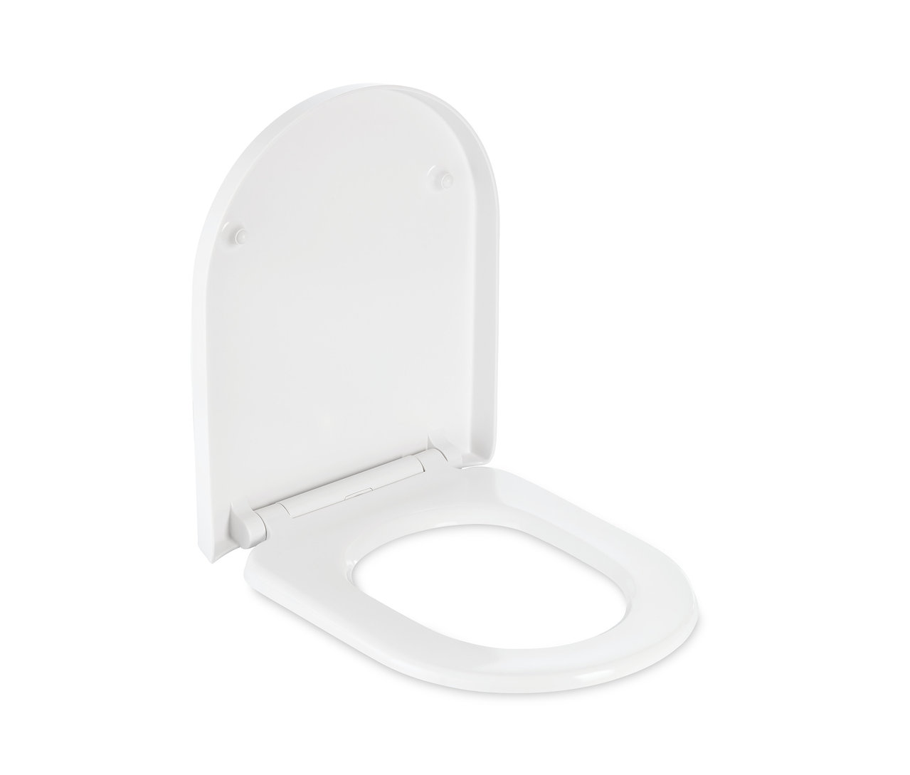 Un siège de WC premium blanc avec abattant silencieux est présenté en position ouverte.