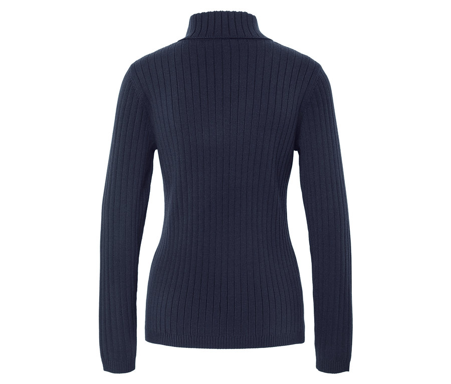 Pull bleu marine à col roulé avec motif côtelé.