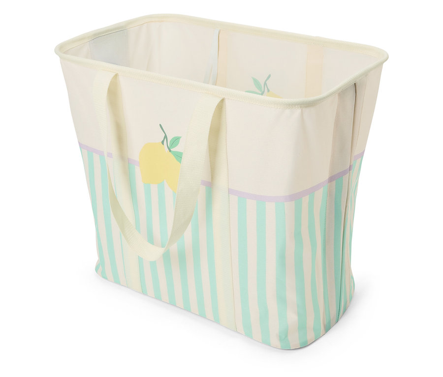 Panier en tissu beige avec poignées, citron jaune et rayures bleues.