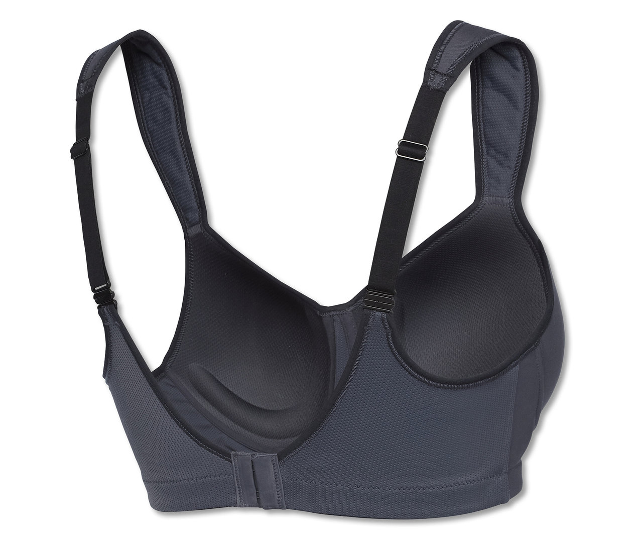 Gros plan d'un soutien-gorge de sport gris SCHIESSER Softcup Medium avec bretelles réglables et fermeture à agrafes.