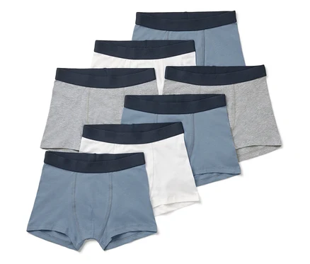 Six boxers gris, bleus et blancs avec une ceinture bleu foncé.