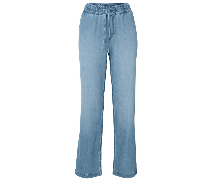 Pantalon ample bleu clair pour femme avec taille élastique et cordon de serrage.
