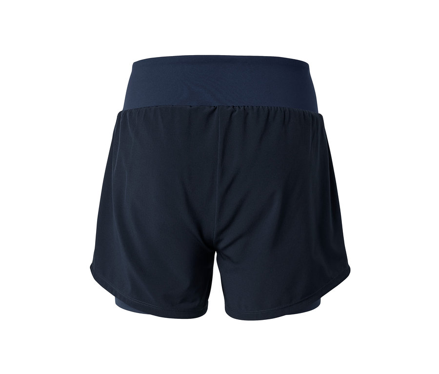 Gros plan sur l'arrière d'un short de sport 2 en 1 bleu foncé.